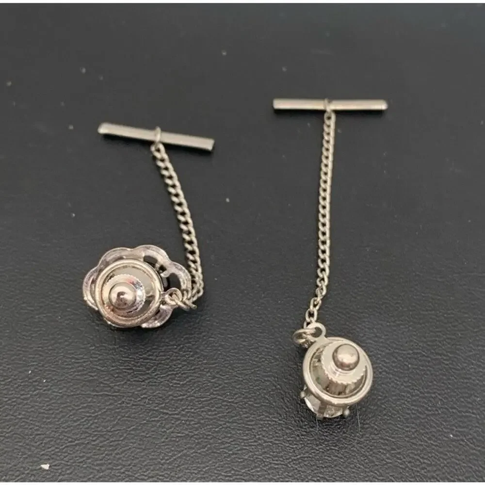Vintage Lot Of 2 Silver Tone Tie Tacks One Hematite & One Clear Rhinestone